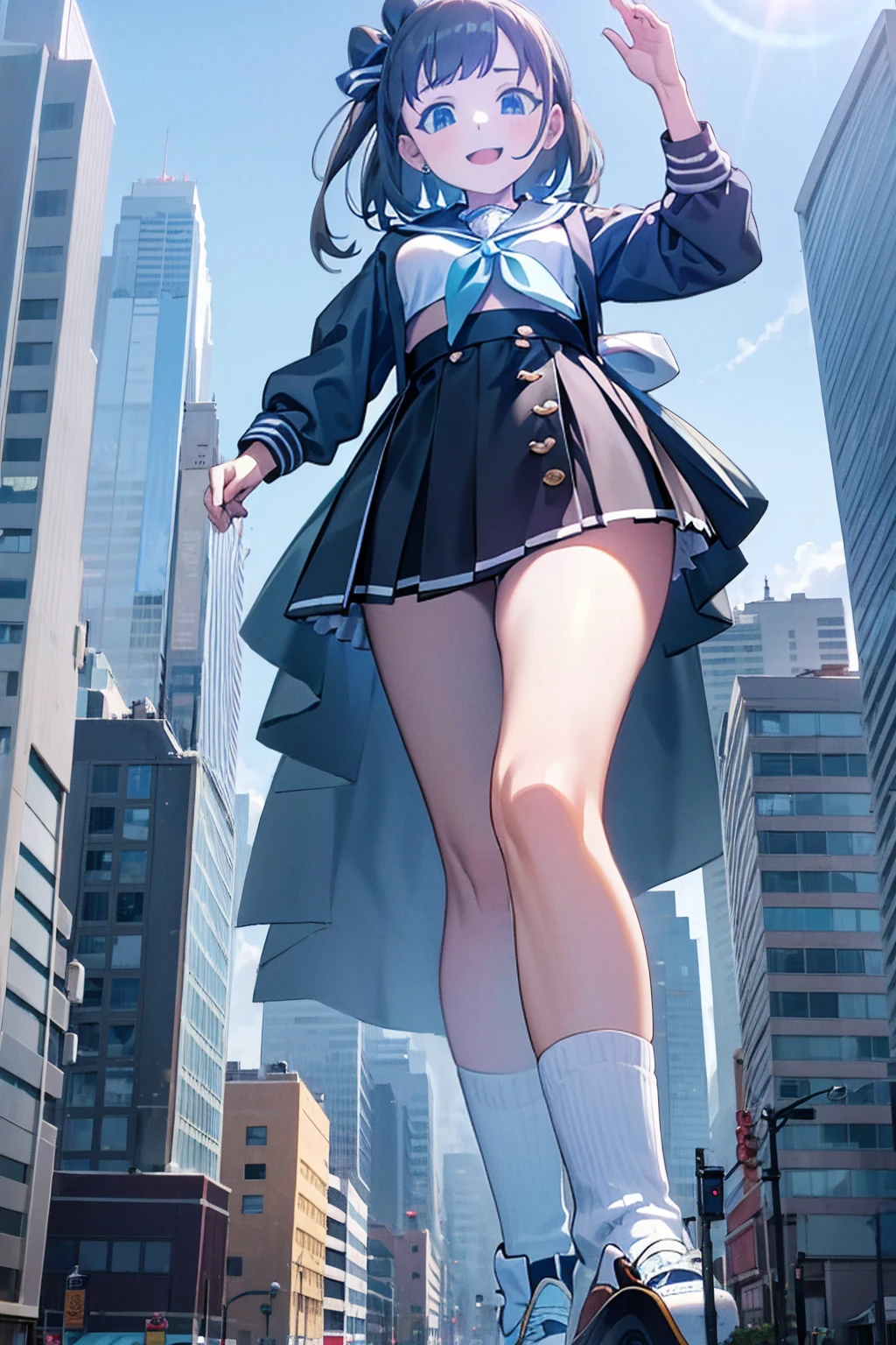 Big girl wearing sneakers,Girl taller than the building,Sailor Suit,Short skirt,White Socks,Girl raising legs high,Rubble-covered soles,Excited expression