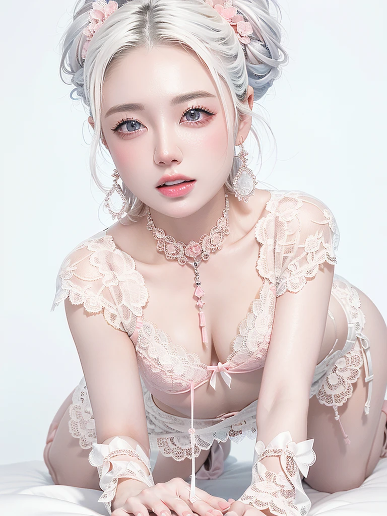 White Background、Professional Lighting、(((Professional Lighting 1.5)))、Translucent skin texture、Beautiful Skin、Beautiful Skin、、(((Whitening 1.5)))、、、音符のEcstasy、((Pink lace bra 1.5))、、Mid-shot photo、Simple earrings and necklace、((white hair))、Tie your hair up、sex appeal、Sex Appeal、Ecstasy、(((On all fours 1.5))、(((1.85)))