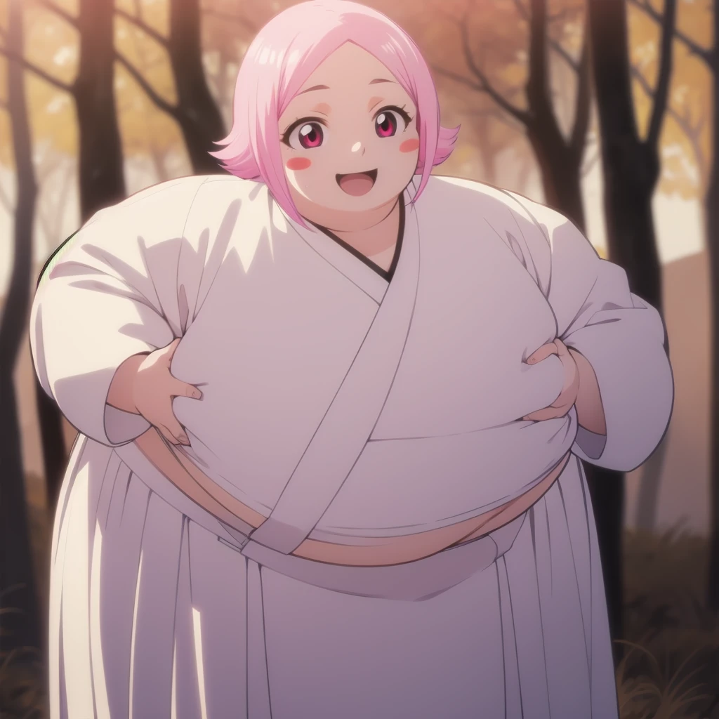 yachirukusajishi, yachiru kusajishi, short hair, pink hair, (pink eyes:1.5), blush stickers, open mouth, forehead,
BREAK long sleeves, japanese clothes, hakama, black hakama,
BREAK outdoors,
BREAK looking at viewer, (cowboy shot:1.5),
BREAK (masterpiece:1.2), best quality, high resolution, unity 8k wallpaper, (illustration:0.8), (beautiful detailed eyes:1.6), extremely detailed face, perfect lighting, extremely detailed CG, (perfect hands, perfect anatomy), standing, smile, blush, solo, 1girl, SSBBW yachiru kusajishi, big cheeks, ssbbw, severely obese ,600lbs obese female, no pupils, ultra detailed, masterpiece, best quality, aesthetic, detailed, Fluffy and Fat Face, Big Butt, Big Cheeks, Obese Body, Sexy, Obese Girl, Happy, Cute Expression, Very Hot, bbwchan, nsfw art, manhwa, oppai proportions, she has a jiggly fat round belly, body swelling about to explode, thicc, with a large breasts, doujin