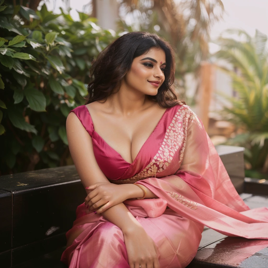 araffe woman in a pink sari sitting on a bench, candid picture, provocative indian, dressed in a sari, candid photography, with a seductive smile, wearing a sari, candid photo, very seductive pose, indian goddess, indian, seductive lady, wearing sari, sensuous, traditional beauty, sexy girl, satin, with lovely look, elegant seducing pose, big , sexy cleavage show, wet body