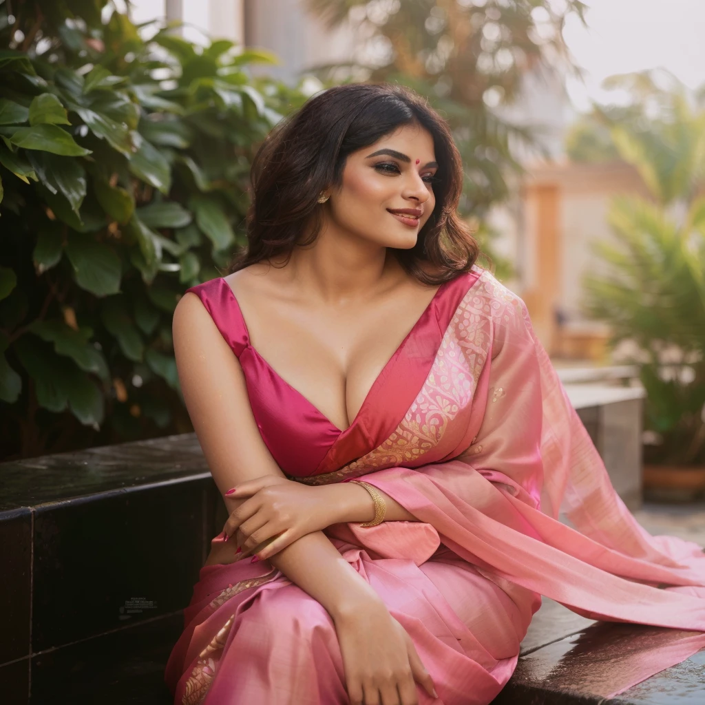 araffe woman in a pink sari sitting on a bench, candid picture, provocative indian, dressed in a sari, candid photography, with a seductive smile, wearing a sari, candid photo, very seductive pose, indian goddess, indian, seductive lady, wearing sari, sensuous, traditional beauty, sexy girl, satin, with lovely look, elegant seducing pose, big , sexy cleavage show, wet body