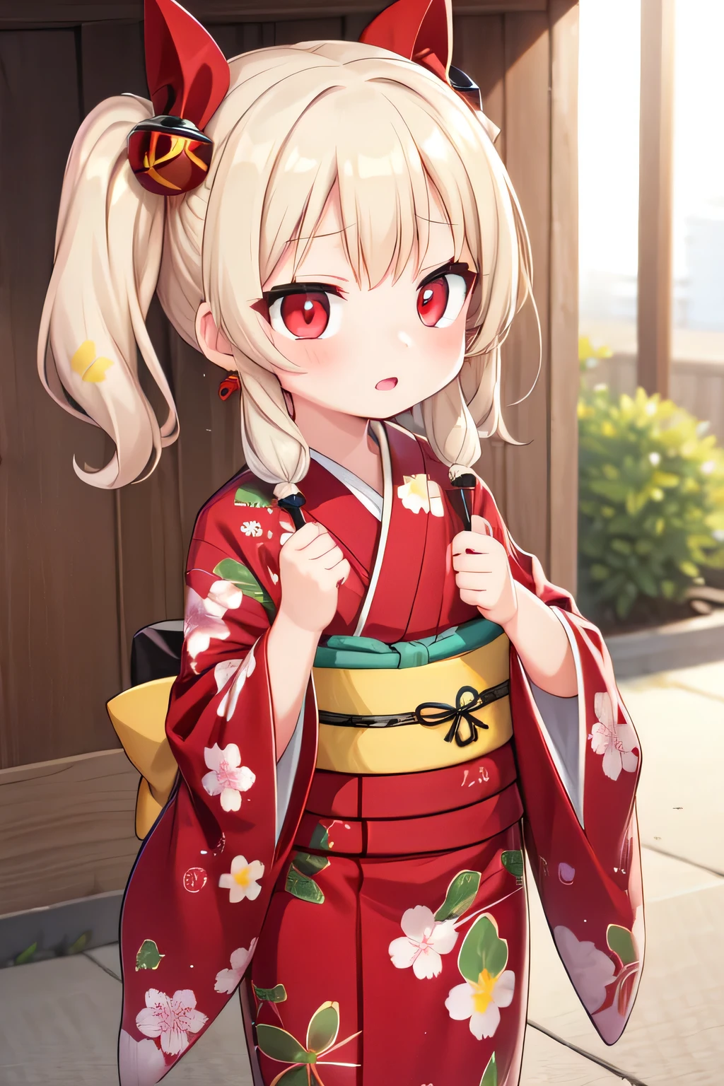 little_girl, Emi, two-tone hair, red eyes, pigtail, hair ornaments, red kimono, print kimono,