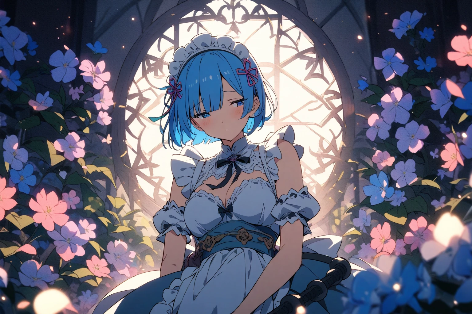 Light Particles, Soft lighting, Volumetric Lighting, Intricate details, Meticulous attention to detail,masterpiece,best quality,1girl, Rem re:NULL, re, holding flail, blue hair, maid outfit, shy expression, slightly revealing dress, blossoming floral background, highly detailed, best quality, anime style, soft lighting, composition emphasizing Rem's shyness and allure against a vibrant floral backdrop