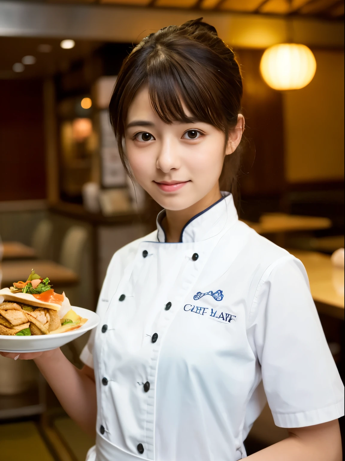 (8k, Top quality, Masterpiece:1.2), (Realistic, photo-realistic:1.37), Super detailed, perfect anatomy, cute, small eyes, Chef uniform, 18-years old, a Japanese, girl, at restaurant,