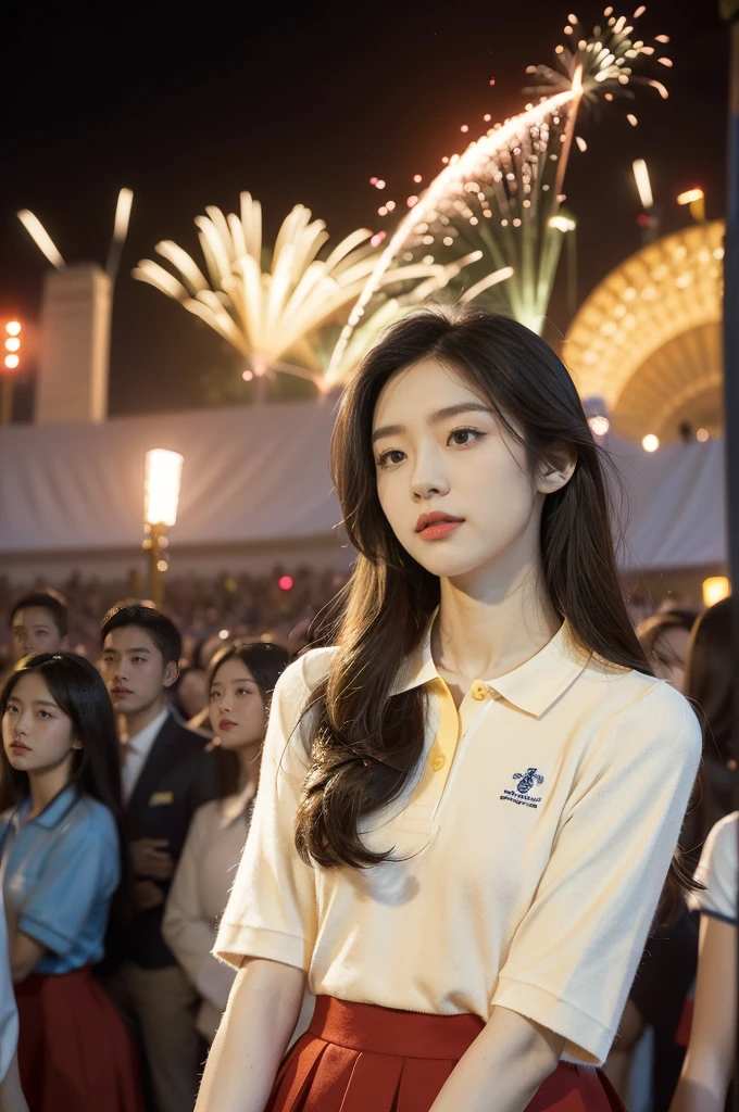 (((best quality))),(((ultra detailed))),(((masterpiece))),illustration, ((Olympic Opening Ceremony,in Paris,summer night,magnificent National stadium of France,Olympic torch lighting, fireworks)),(crowded crowds of enthusiastic spectators:1.3),((a beautiful Chinese girl,solo)),((shoulder length straight hair:1.2)),((slim,thin)),((small breasts,flat chest)),(short-sleeved collared red polo shirt:1.5),(yellow skirt:1.2), excited expression, awe, celebrating, electric atmosphere, sense of pride, excitement, playing field, crowd energy, unity, camaraderie, representing China, historic event, memorable moment,((from front,upper body))