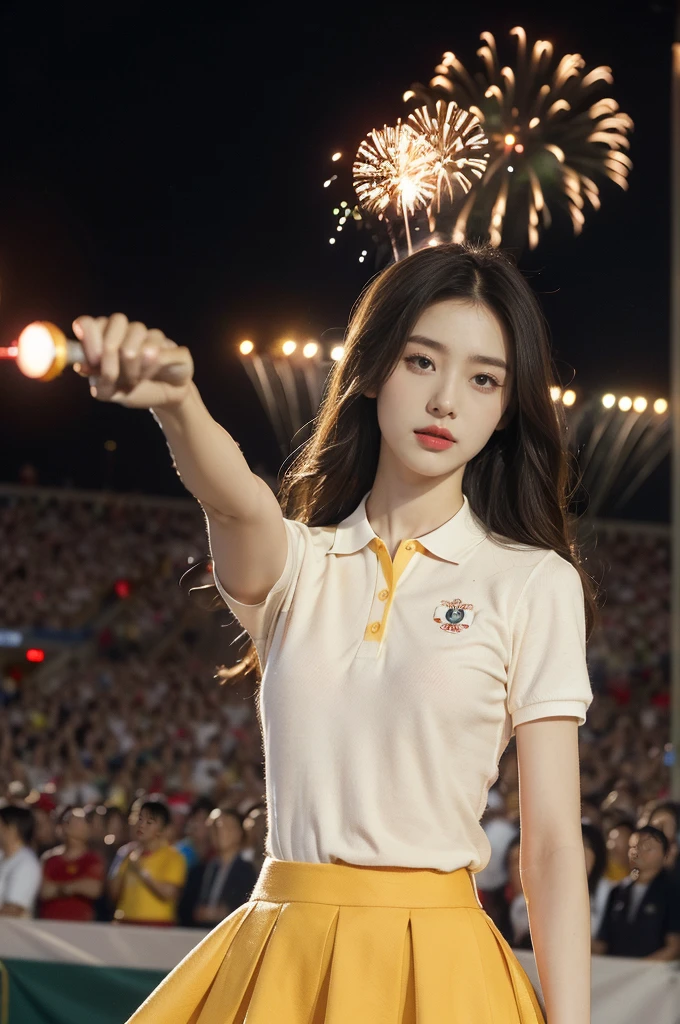 (((best quality))),(((ultra detailed))),(((masterpiece))),illustration, ((Olympic Opening Ceremony,in Paris,summer night,magnificent National stadium of France,Olympic torch lighting, fireworks)),(crowded crowds of enthusiastic spectators:1.3),((a beautiful Chinese girl,solo)),((shoulder length straight hair:1.2)),((slim,thin)),((small breasts,flat chest)),(short-sleeved collared red polo shirt:1.5),(yellow skirt:1.2), excited expression, awe, celebrating, electric atmosphere, sense of pride, excitement, playing field, crowd energy, unity, camaraderie, representing China, historic event, memorable moment,((from front,upper body))