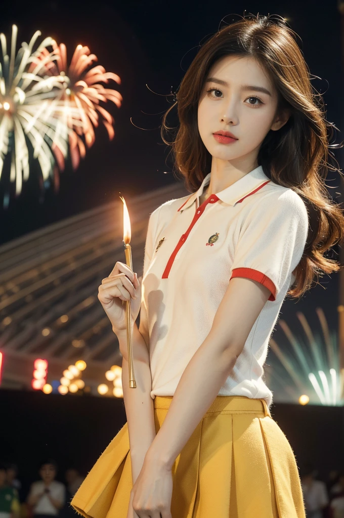 (((best quality))),(((ultra detailed))),(((masterpiece))),illustration, ((Olympic Opening Ceremony,in Paris,summer night,magnificent National stadium of France,Olympic torch lighting, fireworks)),(crowded crowds of enthusiastic spectators:1.3),((a beautiful Chinese girl,solo)),((shoulder length straight hair:1.2)),((slim,thin)),((small breasts,flat chest)),(short-sleeved collared red polo shirt:1.5),(yellow skirt:1.2), excited expression, awe, celebrating, electric atmosphere, sense of pride, excitement, playing field, crowd energy, unity, camaraderie, representing China, historic event, memorable moment,((from front,upper body))