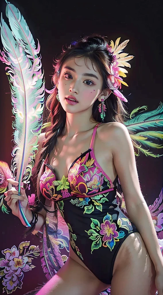 (masterpiece, Top quality, best quality, Official Art, beautiful and aesthetic:1.2), (1 Girl:1.3), Extremely detailed,(Fractal Art:1.1),(rich and colorful:1.1)(Flowers:1.3),The most detailed,(Zentangle neon light:1.2), (Dynamic poses), (Neon geometric background:1.3), (Glowing skin), (Many colors:1.4), ,(earrings), (feather:1.5) , (flamethrower:1.3),Red background,Phoenix Clothes,neon,Full HD
