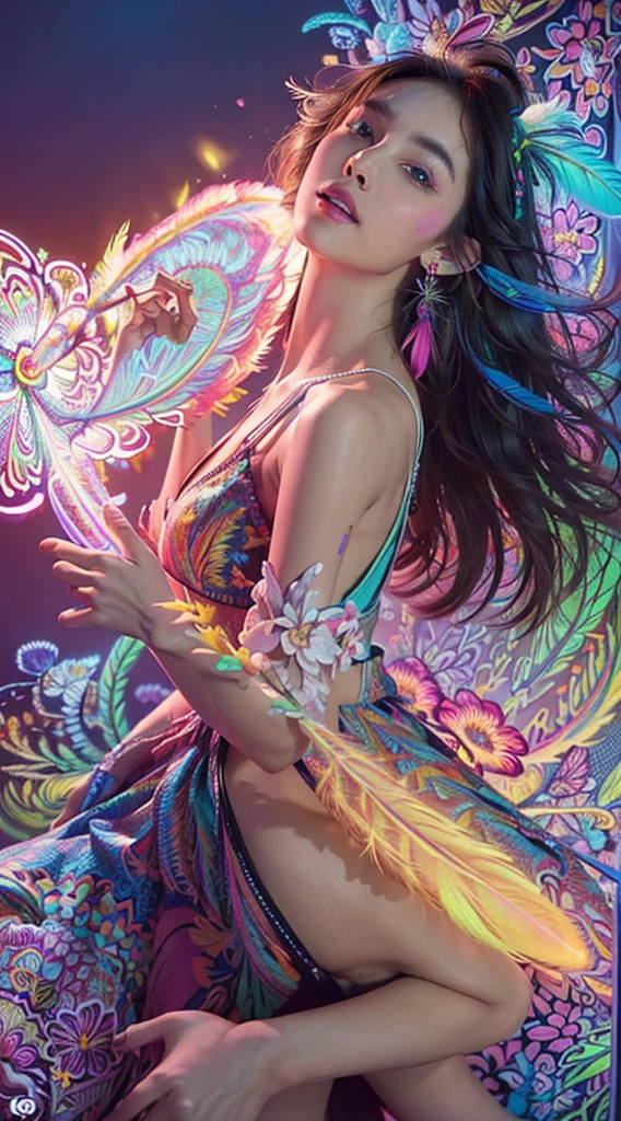 (masterpiece, Top quality, best quality, Official Art, beautiful and aesthetic:1.2), (1 Girl:1.3), Extremely detailed,(Fractal Art:1.1),(rich and colorful:1.1)(Flowers:1.3),The most detailed,(Zentangle neon light:1.2), (Dynamic poses), (Neon geometric background:1.3), (Glowing skin), (Many colors:1.4), ,(earrings), (feather:1.5) , (flamethrower:1.3),Red background,Phoenix Clothes,neon,Full HD