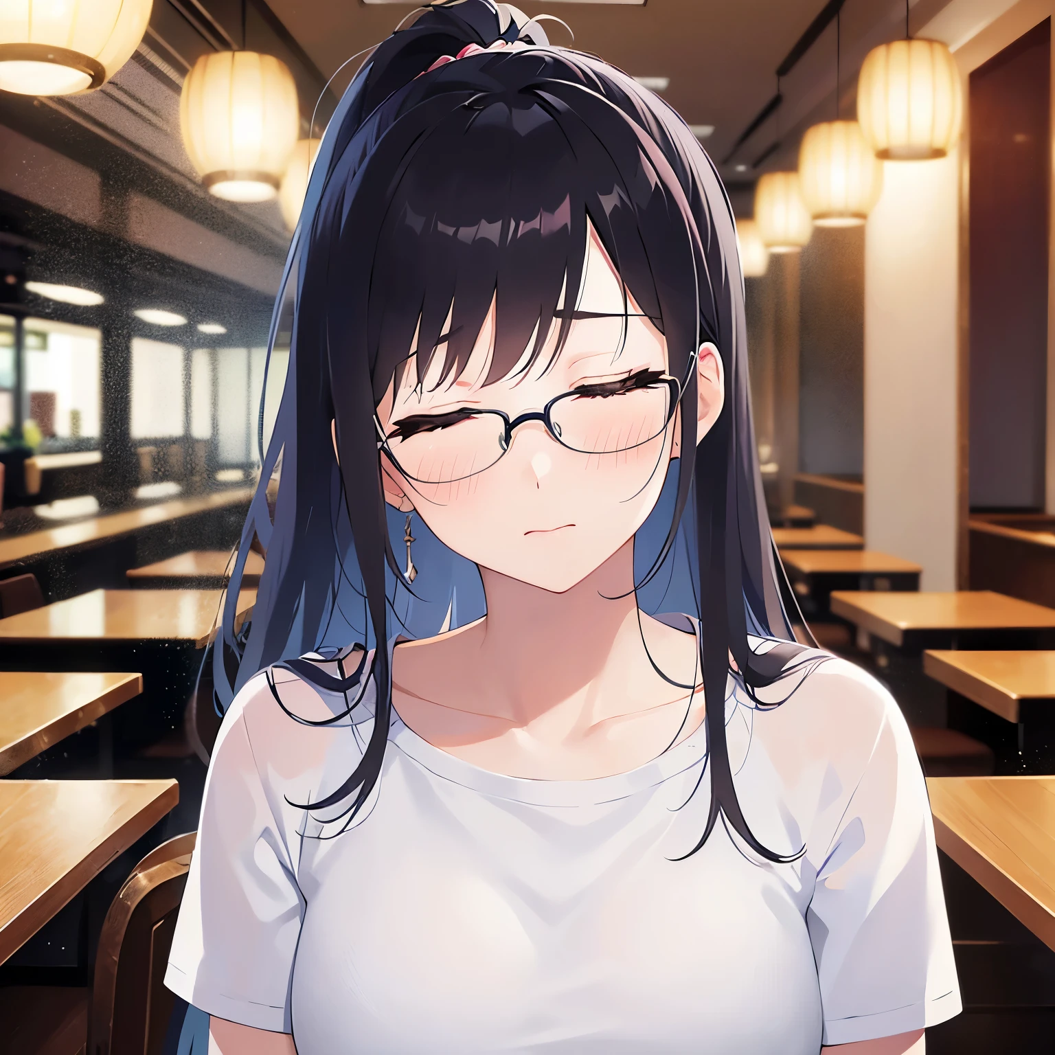  plastic frame eyewear、Upper Body, Realistic, real person, (pale skin: 1.2), RAW photo, photorealistic, shiny skin, shiny hair、(25 year old woman with bangs) and (ponytail) and (black hair) and (closed eyes:1.5) , (White T-shirt） 、sleepy, (blush:1.3), The background is the interior of a restaurant at night.、Alone、Sitting