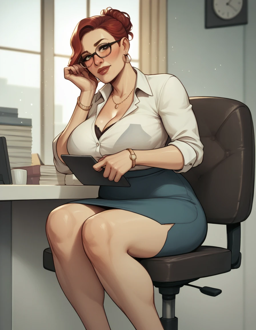 mature businesswoman sitting in office looking at viewer BREAK, score_9, score_8_up, score_7_up, score_6_up, score_5_up, score_4_up, red hair heavy brown reddish freckles blush adn thick hair