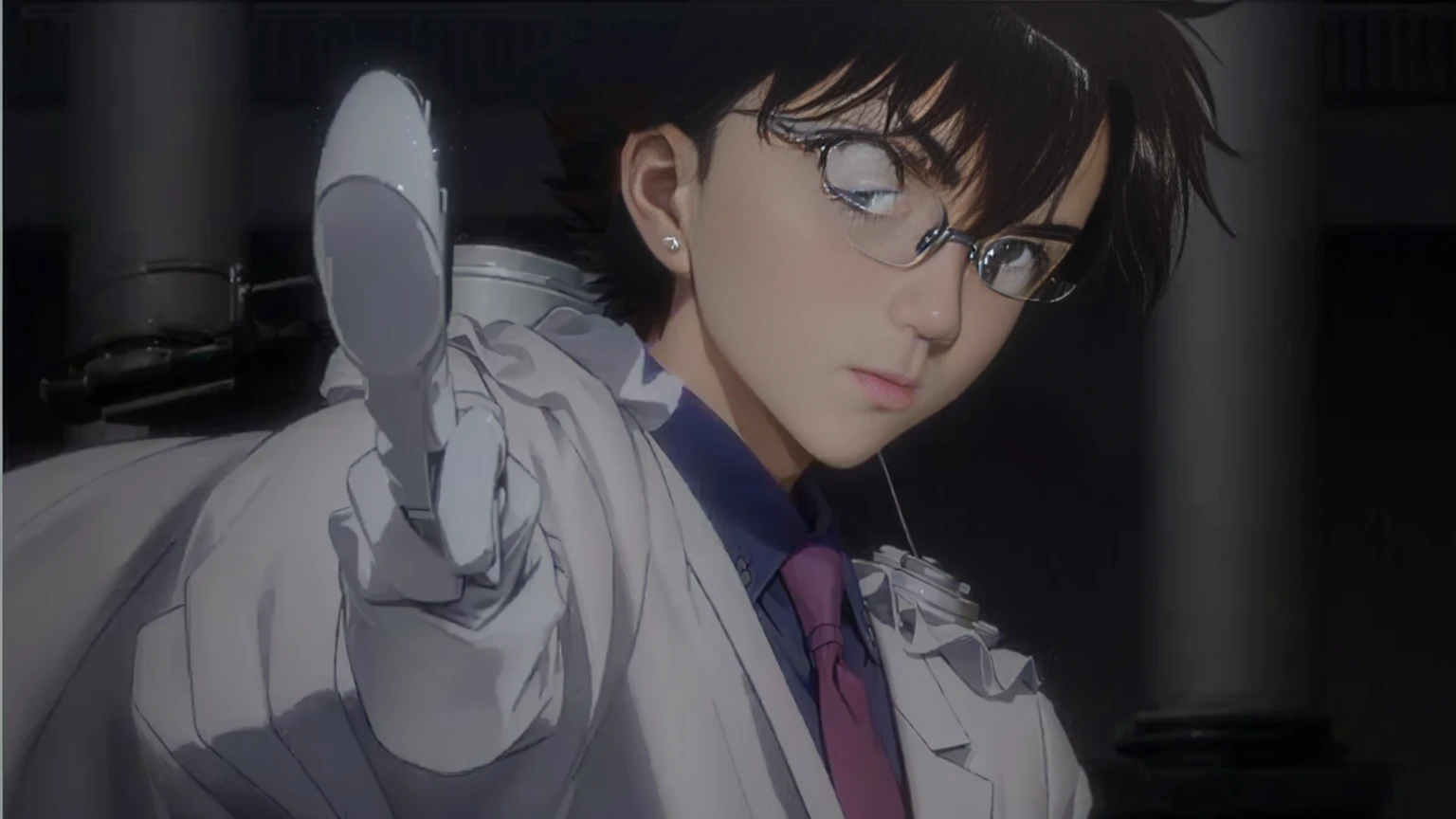 masterpiece, Highest quality, (Highly detailed CG Unity 8K wallpapers), (Highest quality), (Best illustrations), (Best Shadow), Absurd, Realistic lighting, (abyss), Beautiful sparkle, A cartoon character wearing a white coat and tie pointing at something, Shinji, Shinji ikari, makoto kano, aramaki Shinji, Another Iwakura, yukio - e, shinichi sakamoto, Another close-up of Iwakura, makoto shinka, close up of Another Iwakura, With index finger, Wearing a white coat