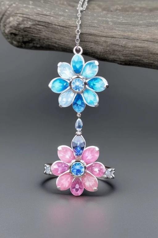 realistic, nature light, Create a flower that represents a pink and light blue mermaid boy, with precious stones, water, the flower is linked to a silver ring that has precious stones,