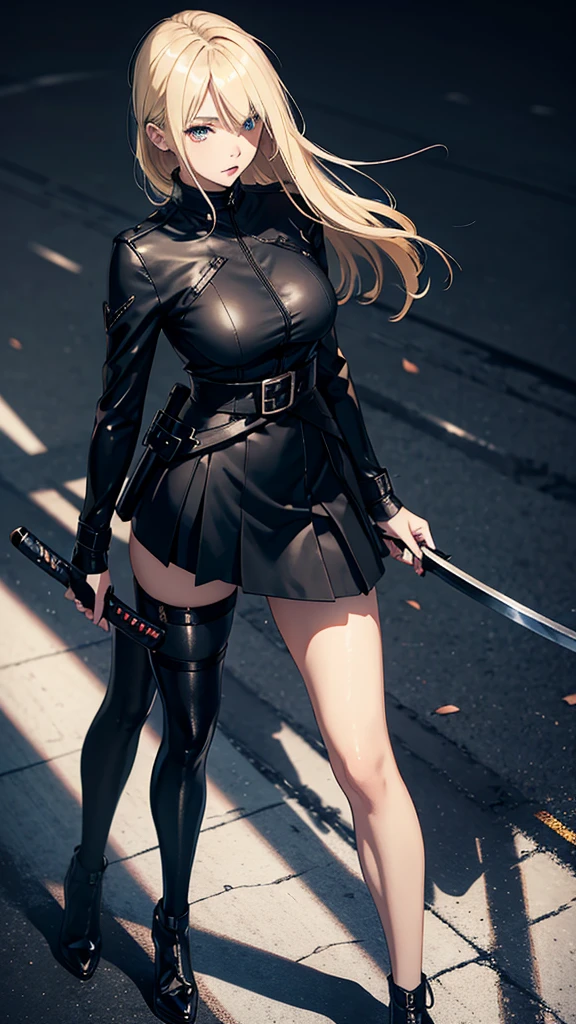 Young woman, blonde, in a black tight suit, belted katana, stockings, short skirt, black shoes, eyes of different colors, in light armor, drawing style