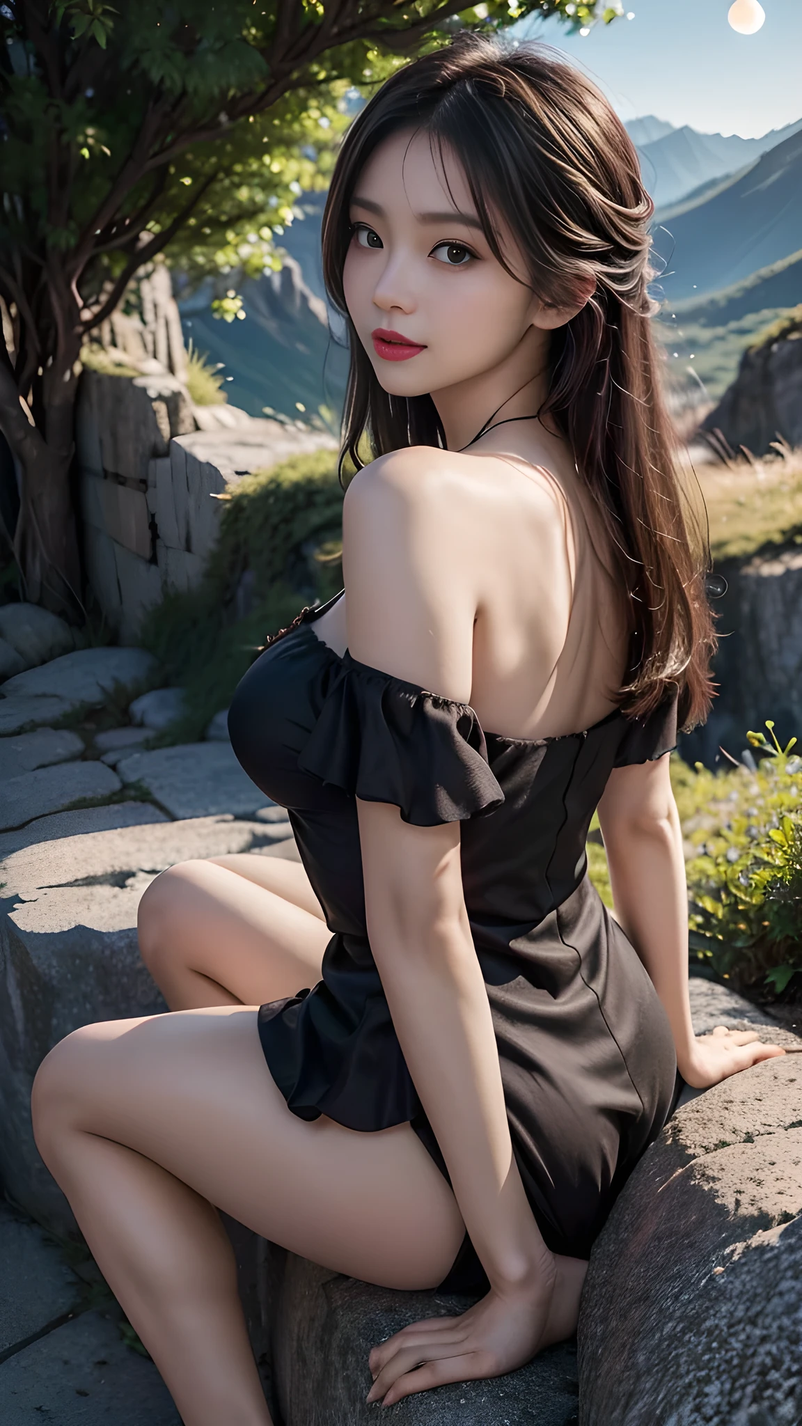 Sweet girl clothes10,korean dress, ((bare shoulders)), ((whole body)), actual, Fashion girl, red lips, mature women, cosmetic, big eyes, beautiful eyes, ((whole body)), (best quality, masterpiece:1.2), super detailed, (actual:1.37), ((from back)), ((Sexy long legs)), beautiful, young and energetic, Charming model with, plumble breasts, cleavage, looking at background, ( (full body)), Dynamic posing, Random perspective shooting, ((in the mountains, plant, sitting position, Leaning against the rocks)) (exquisite eyes, Detailed lips, extremely exquisite eyes), Show a bright smile, Create stunning girl images, warm color, Extremely high color saturation, official art, Extremely detailed CG unified 8k wallpaper,(high dynamic range :1.4), (cinematic),(pastel colors, The color is dull, soothing tone :1.3), (natural skin texture, ultra-actual, soft light, sharp),(Very detailed), night, moonlight