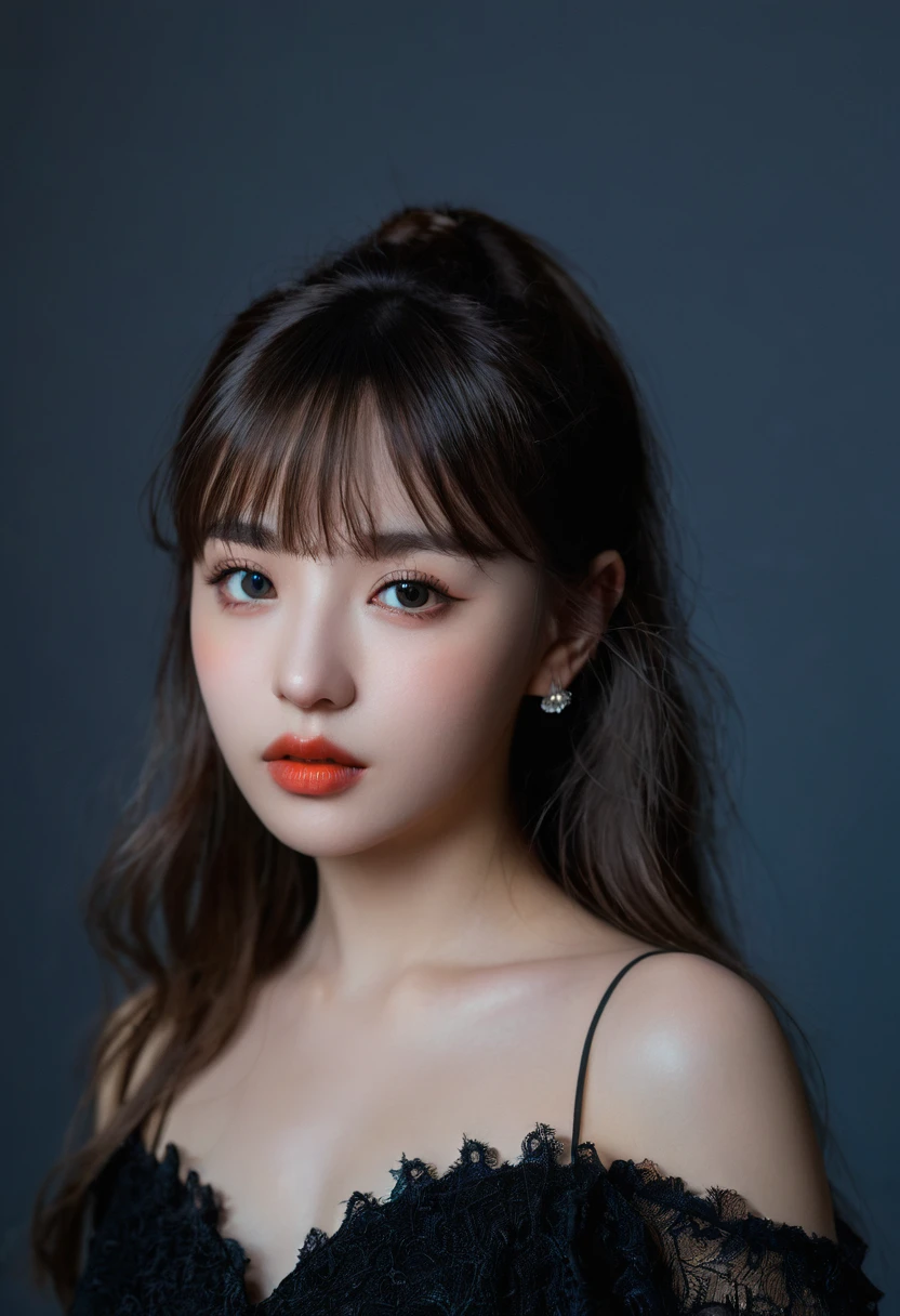 8K, best quality, 1 Girl, (Skin Indentation), night, (dark), Indoor clear background, (people), Beautiful bangs, Gorgeous,, (Clothing and:1.3),Soft lighting, attractive, dark Room, (mouth close:1.2, beautiful eyes, Delicate eyes, Detailed iris, Beautiful lips, Beautiful nose, Pretty Face),(primary color:1.5)