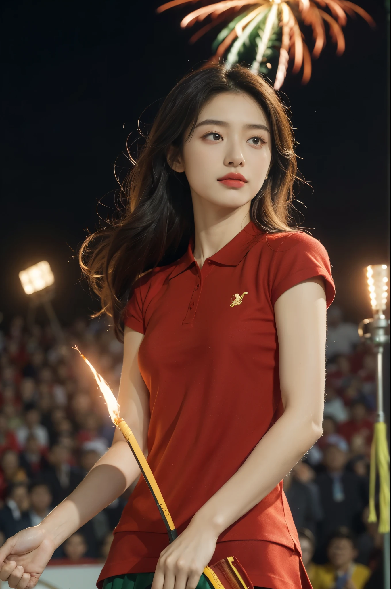 (((best quality))),(((ultra detailed))),(((masterpiece))),illustration, ((Olympic Opening Ceremony,in Paris,summer night,magnificent National stadium of France,Olympic torch lighting, fireworks)),(crowded crowds of enthusiastic spectators:1.3),((a beautiful Chinese girl,solo)),((shoulder length straight hair:1.2)),((slim,thin)),((small breasts,flat chest)),(short-sleeved collared red polo shirt:1.5),(yellow skirt), excited expression, awe, celebrating, electric atmosphere, sense of pride, excitement, playing field, crowd energy, unity, camaraderie, representing China, historic event, memorable moment,((from front,upper body))