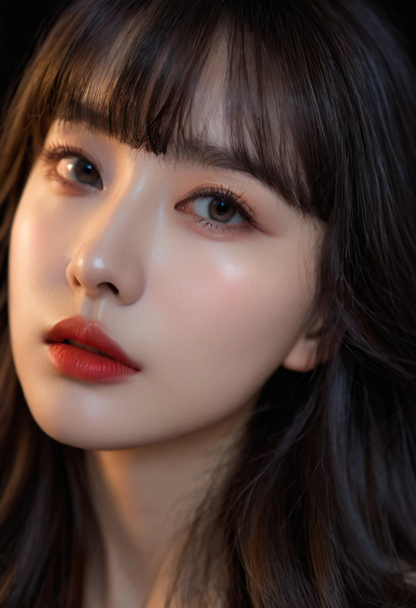8K, best quality, 1 Girl, (Skin Indentation), night, (dark), Indoor clear background, (people), Beautiful bangs, Gorgeous,, (Clothing and:1.3),Soft lighting, attractive, dark Room, (mouth close:1.2, beautiful eyes, Delicate eyes, Detailed iris, Beautiful lips, Beautiful nose, Pretty Face),(primary color:1.5)
