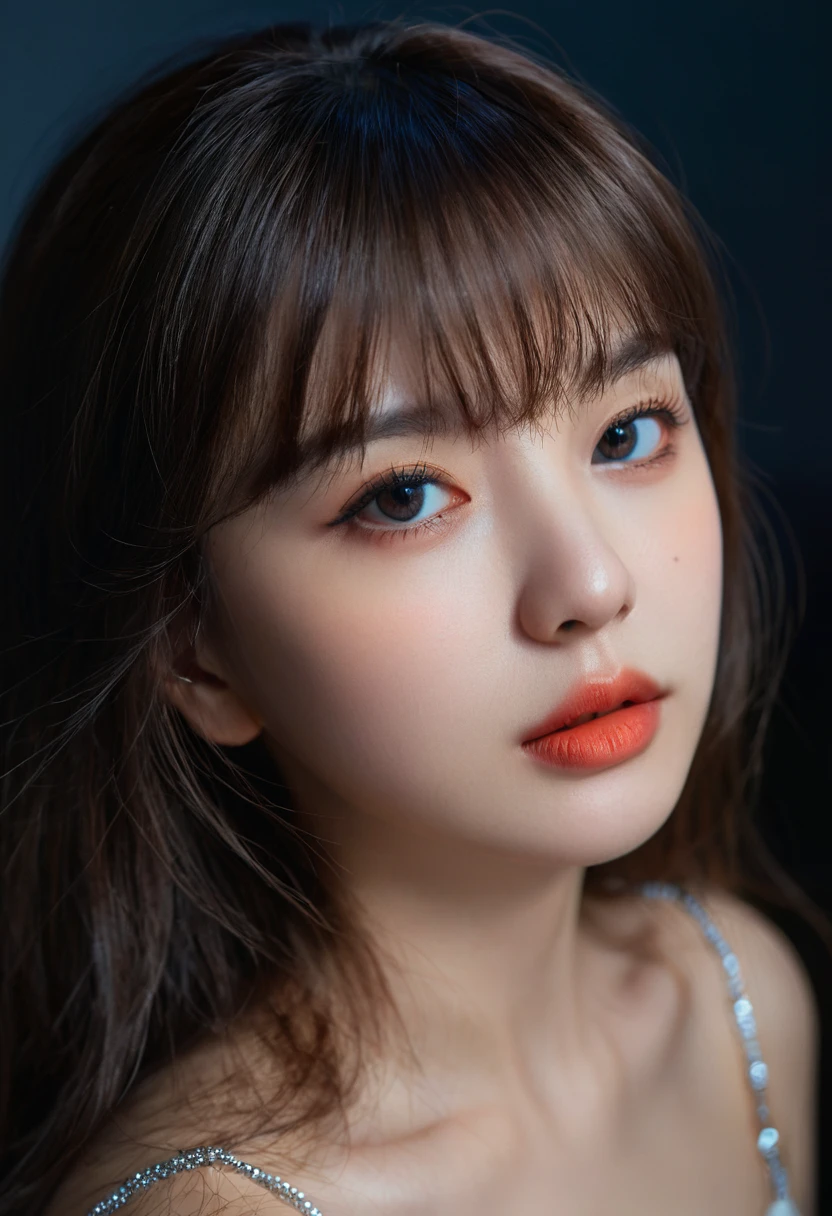 8K, best quality, 1 Girl, (Skin Indentation), night, (dark), Indoor clear background, (people), Beautiful bangs, Gorgeous,, (Clothing and:1.3),Soft lighting, attractive, dark Room, (mouth close:1.2, beautiful eyes, Delicate eyes, Detailed iris, Beautiful lips, Beautiful nose, Pretty Face),(primary color:1.5)