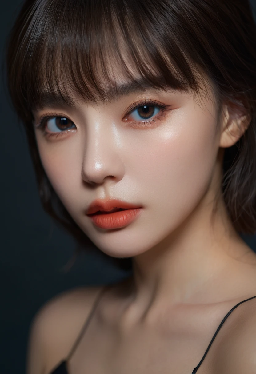 8K, best quality, 1 Girl, (Skin Indentation), night, (dark), Indoor clear background, (people), Beautiful bangs, Gorgeous,, (Clothing and:1.3),Soft lighting, attractive, dark Room, (mouth close:1.2, beautiful eyes, Delicate eyes, Detailed iris, Beautiful lips, Beautiful nose, Pretty Face),(primary color:1.5)
