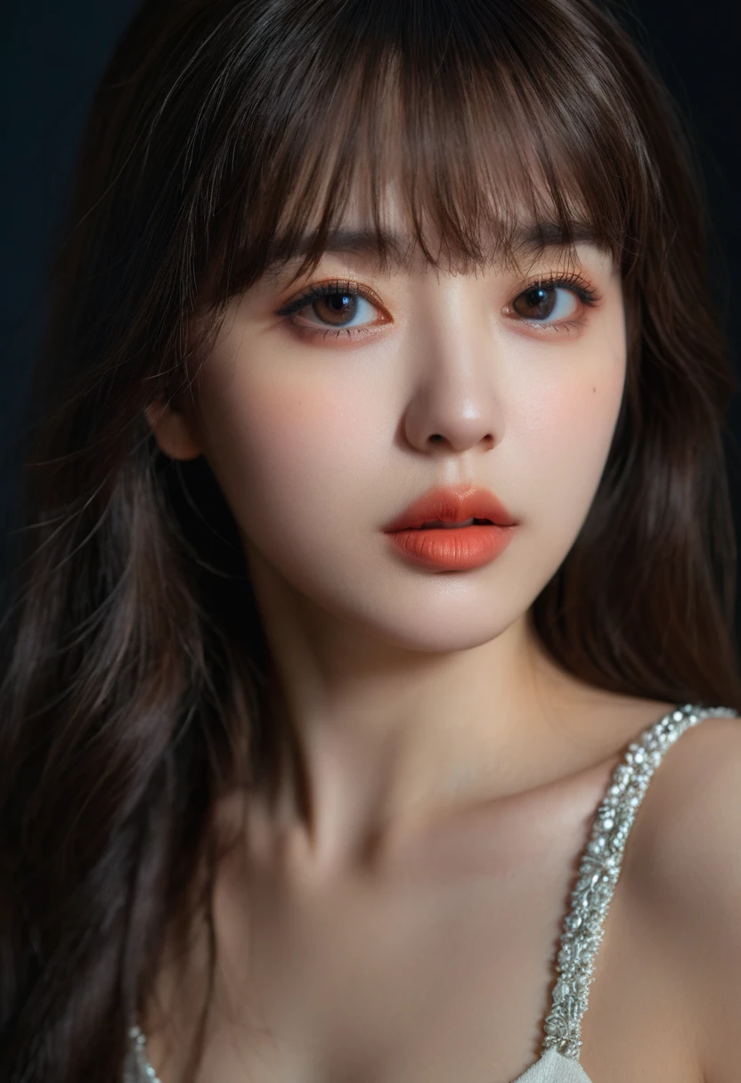 8K, best quality, 1 Girl, (Skin Indentation), night, (dark), Indoor clear background, (people), Beautiful bangs, Gorgeous,, (Clothing and:1.3),Soft lighting, attractive, dark Room, (mouth close:1.2, beautiful eyes, Delicate eyes, Detailed iris, Beautiful lips, Beautiful nose, Pretty Face),(primary color:1.5)
