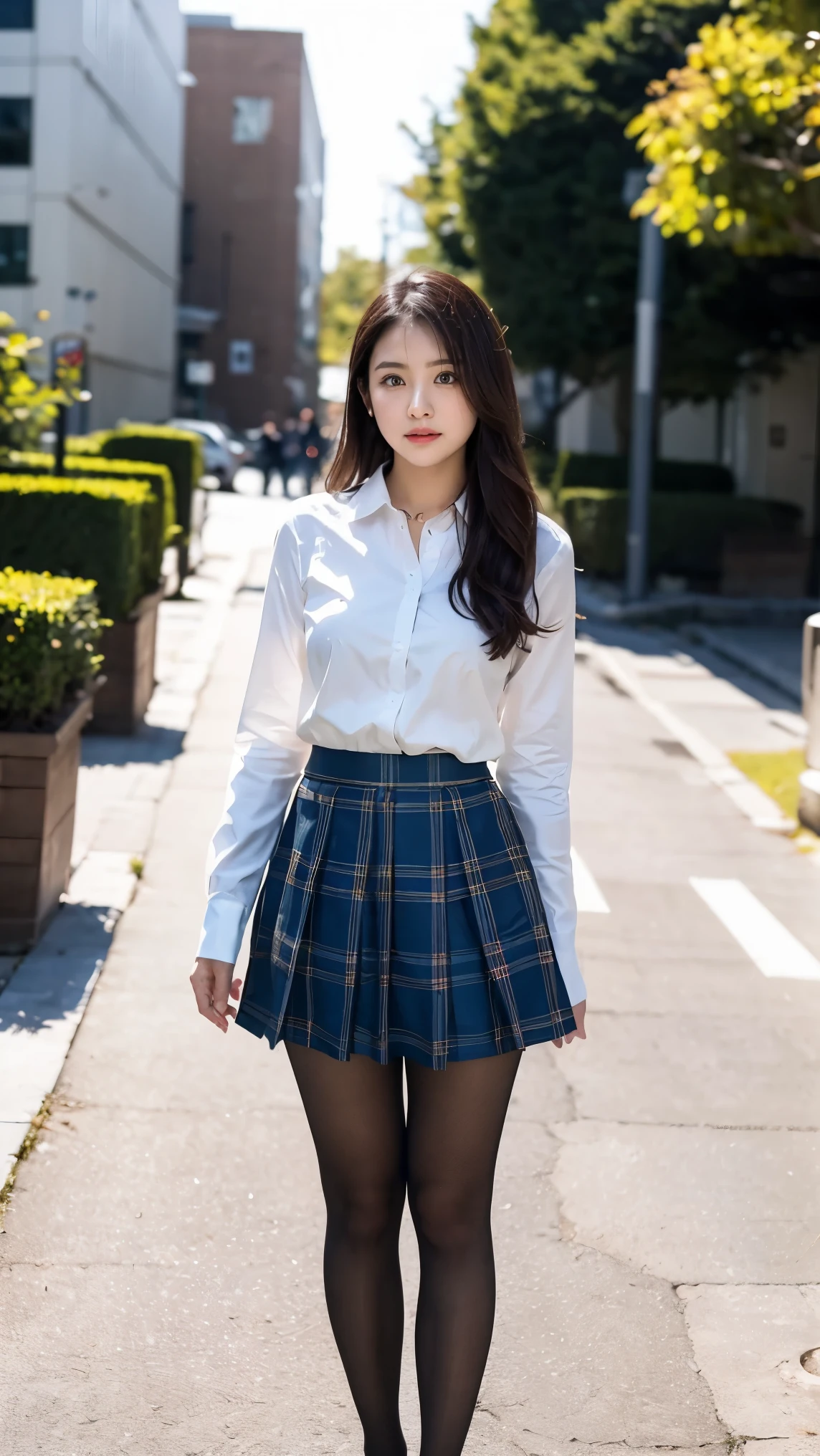 (((8k、High resolution、Highest quality、High resolution)))alone、Natural body shape、White skin、Natural Makeup、((Black Hair、bangs、Straight Long Hair))、((()))、、(:1.4)、(())、(((((Full body photo)))))、(((Looking into the camera)))、(((Wear a uniform on the upper body)))、Bedroom、(((Of high school))) 、((white collared long sleeve blouse))、((Beige cardigan))、((Pleated skirt with dark blue plaid pattern、mini skirt、Ultra-realistic pantyhose))、skirt lift、、Expressionless、((Exposing thighs))