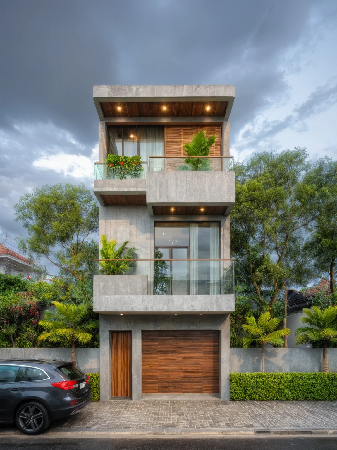 modern villa on the street, (overcast lighting:1.2), tropical plants, vivid colors, streetscape, beautiful sky, gray concrete walls and wood, (large glass doors:1.2), warm interior lighting, modern materials, best quality, extremely realistic, masterpiece , 17ArchiAI_XL_VL-v1