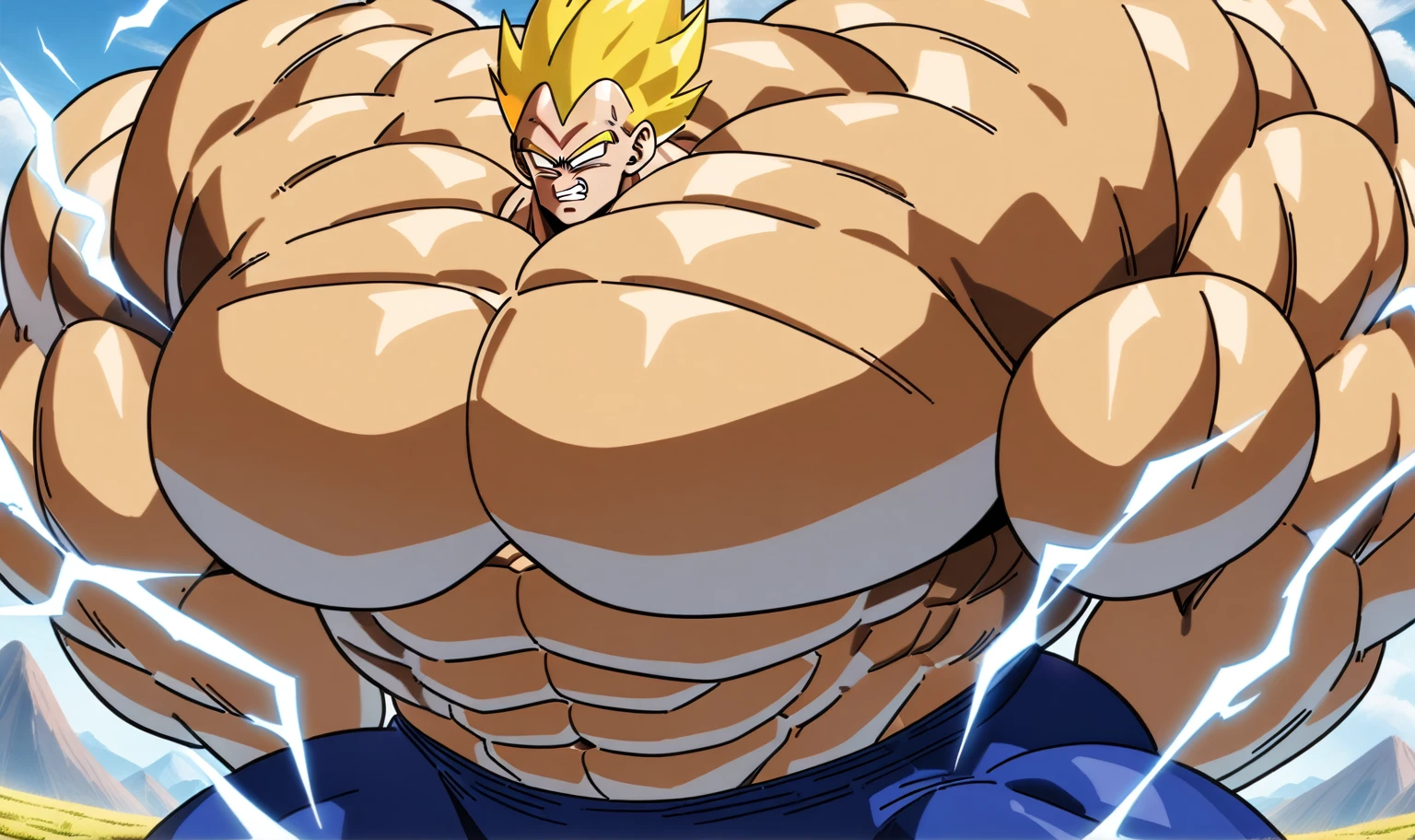 1boy, Vegeta, from Dragon Ball Z, masterpiece, best quality, very aesthetic, absurdres, saiyan, green eyes, spiked hair, (yellow hair:2), shirtless, blue skintight pants, white gloves, (huge muscles:2.5), dragonballartstyle, in the style of Akira Toriyama, outdoors, flat-top mountains, abs, yellow aura, electricity