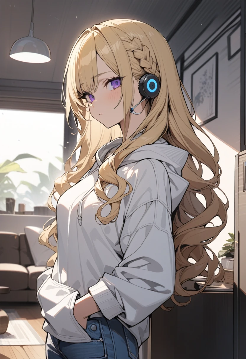 masterpiece, best quality, extremely detailed, ultra detailed, flat anime, 2D, 1girl, (young adult:1.2),blonde hair, (semi-long hair:1.2), curly hair, french braid, medium breasts, tsurime, purple eyes, height 1.7meters, white hooded sweatshirt, jeans, earring,bracelet, long sleeves, ((Bluetooth small earphone)), ((jitome)), portrait, upper body, looking at viewer, facing viewer, summer, livingroom, 12AM., standing