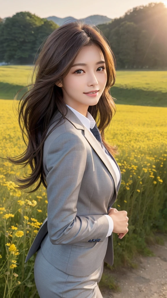 highest quality、genuine、Super detailed、finely、High resolution、8k wallpaper、one beautiful woman、、、light brown disheveled hair、wearing a business suit、sharp focus、perfect dynamic composition、beautiful and detailed eyes、thin hair、Detailed genuine skin texture、smile、model body shape、In a windswept meadow