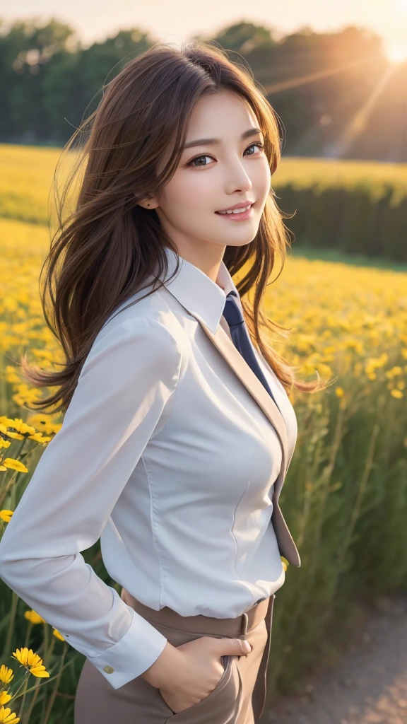 highest quality、genuine、Super detailed、finely、High resolution、8k wallpaper、one beautiful woman、、、light brown disheveled hair、wearing a business suit、sharp focus、perfect dynamic composition、beautiful and detailed eyes、thin hair、Detailed genuine skin texture、smile、model body shape、In a windswept meadow