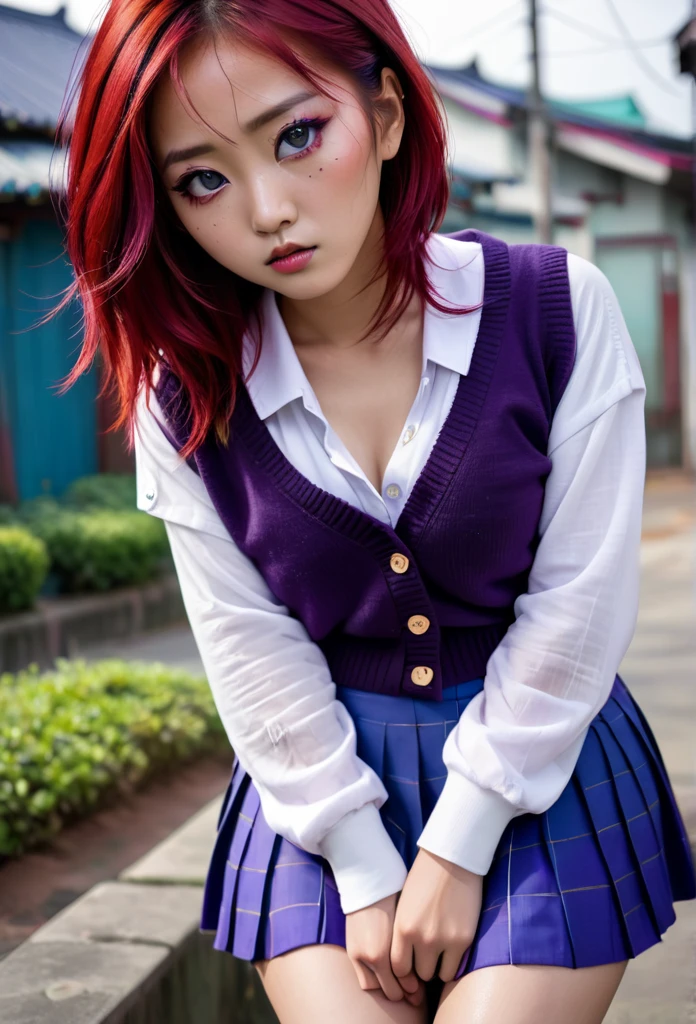 Asian girl, Red hair, red and black eye, scars on the face, legs and arms , White shirt, blue cardigan purple skirt