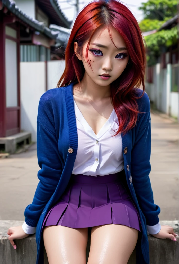 Asian girl, Red hair, red and black eye, scars on the face, legs and arms , White shirt, blue cardigan purple skirt