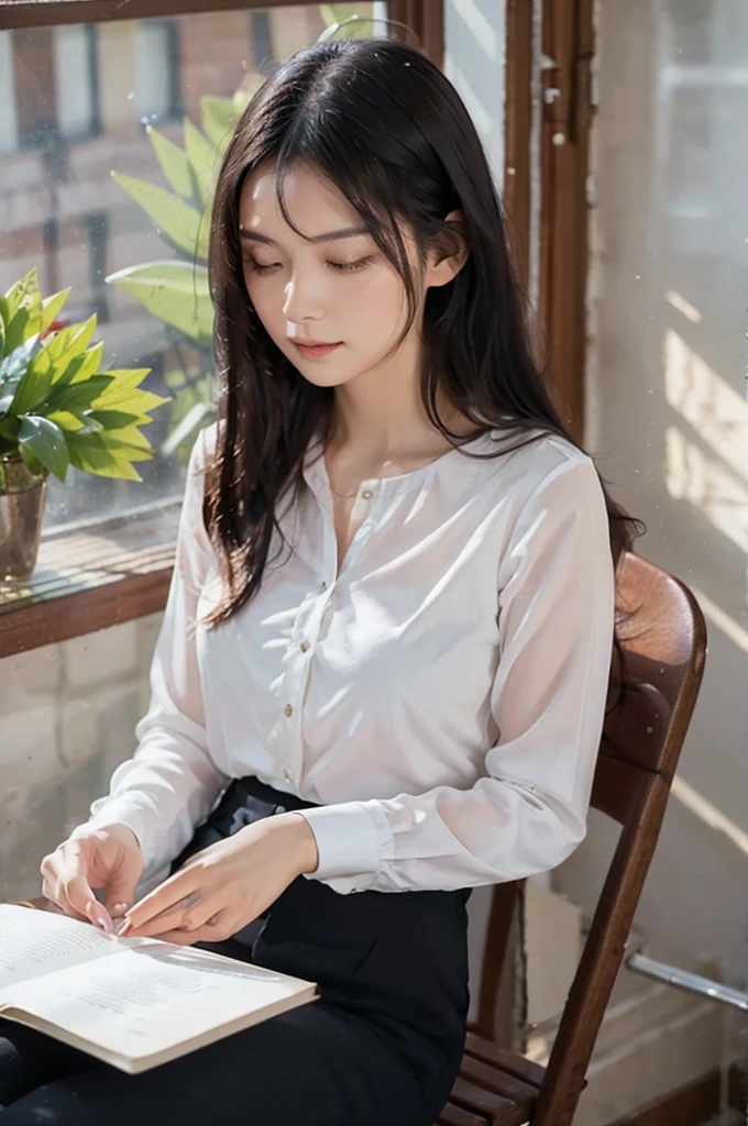 A beautiful woman in her 20s with long black hair and a white blouse reading a book alone by a large window