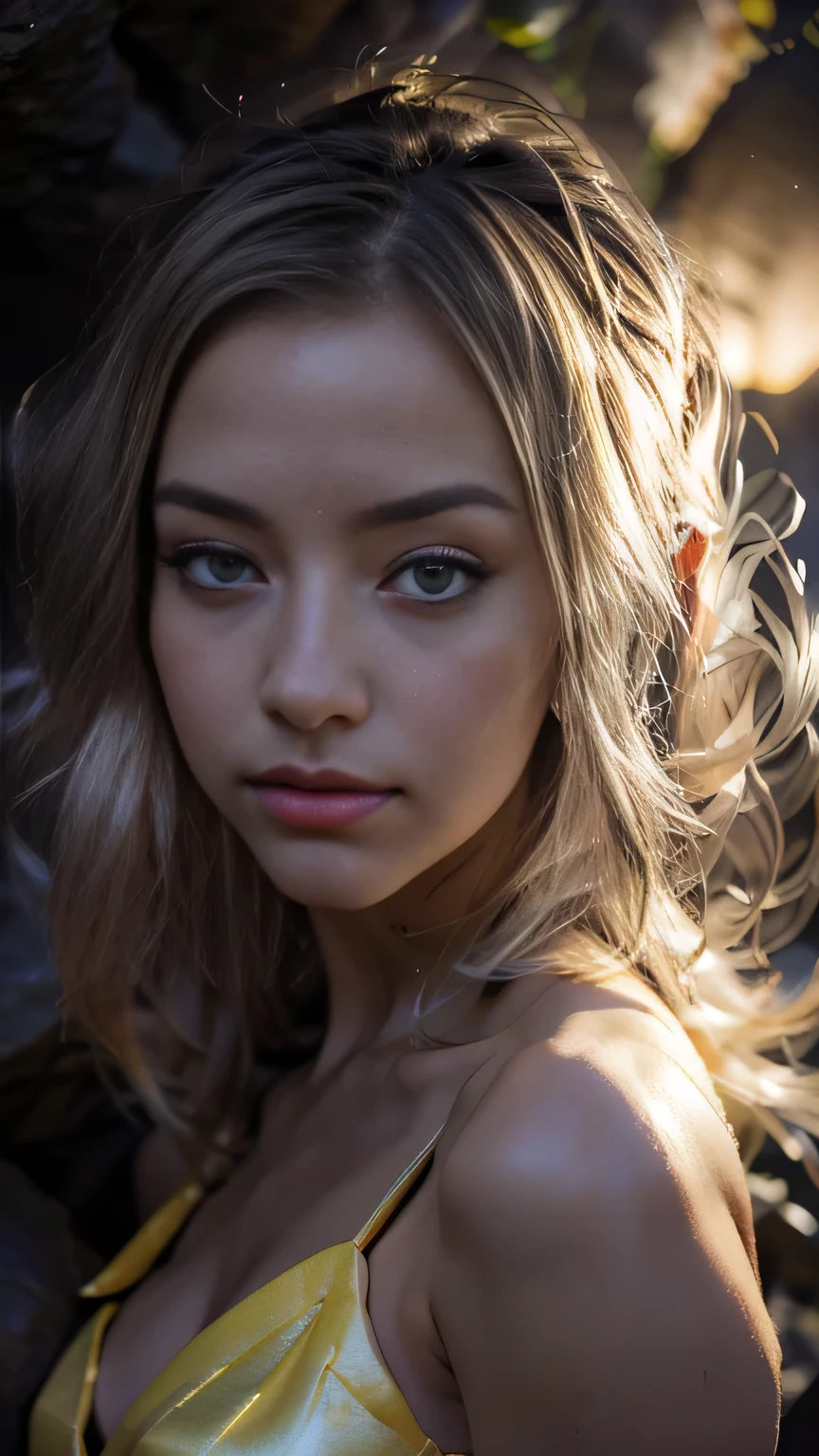 (Surreal), (picture), (High resolution), (In 8K), (Very detailed), (Best Illustration Photos), (Beautiful and fine details), (Highest quality), (Ultra-detailed), (masterpiece), (wallpaper), (Detailed face), solo, One Girl, Blonde Wavy Hair, Korean Beauty,Black Eyes, ((A blue and yellow mini dress with a low neckline)), Long legs, Toned Abs, stockings、((In a dark cave))、(Pause_random)、(Face close-up)