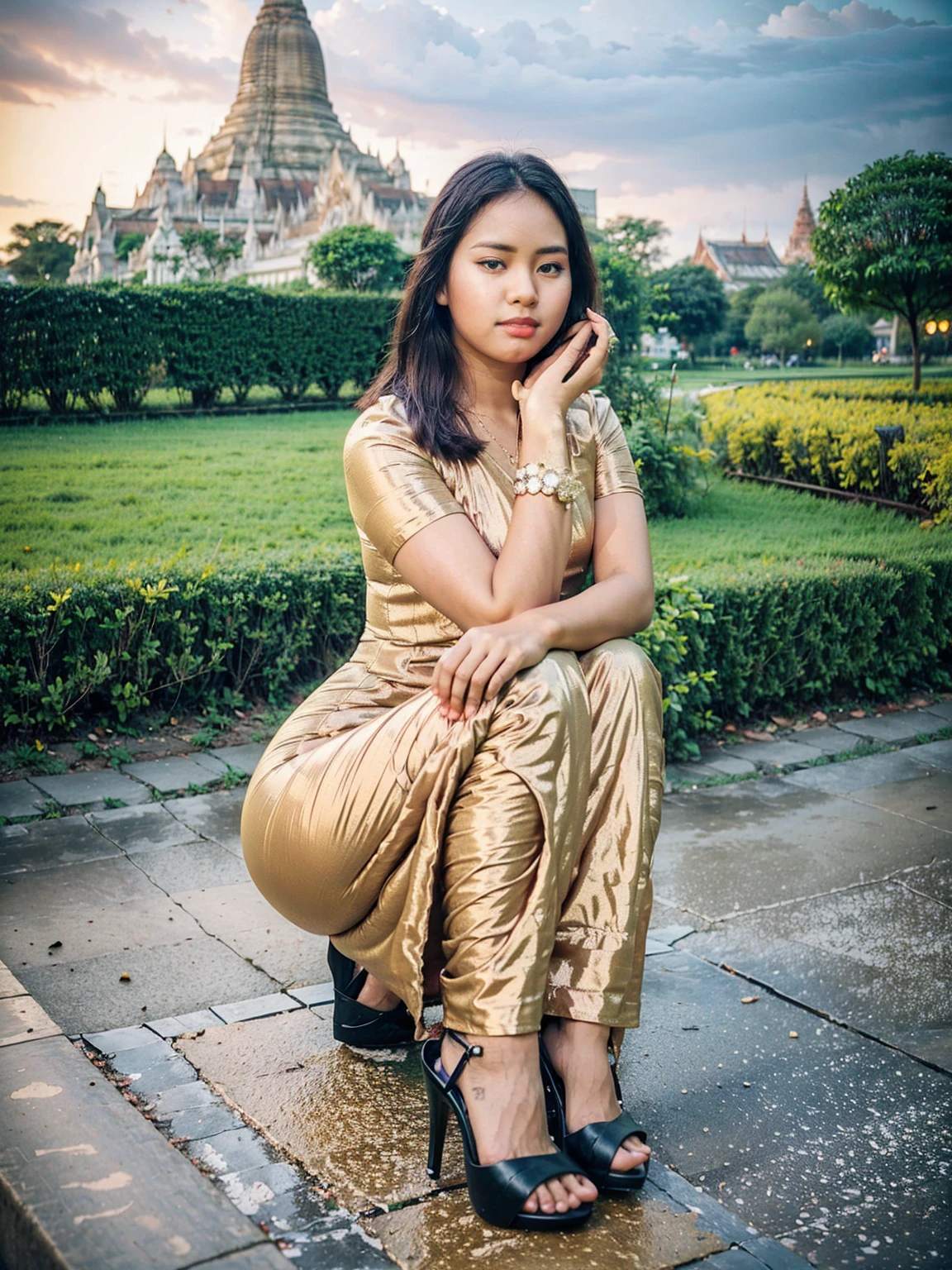 Create full body 3D image realistic photo of a beautiful girls, pretty lady MoonLay, in Myanmar outfit dress and high heel, farming in the background seance Bagan Pagoda in myanmar, cinematic enhance HDR portrait glow lighting, smooth face, perfect anatomy, cannon mark v, DSLR quality, perfect anatomy