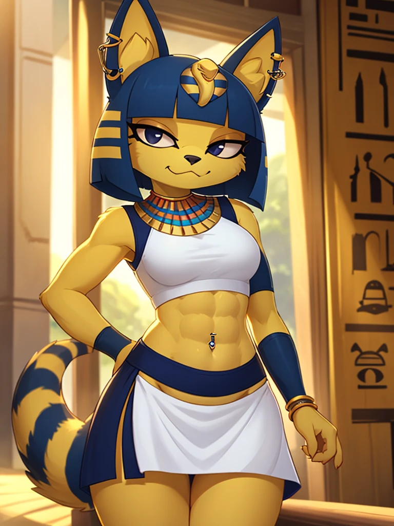 ((best quality)), ((masterpiece)), (detailed), ((2k)), trending on artstation, furry, furry style, anthro style, perfect face, a digital artwork of a sexy Ankha with abs wearing a crop top of her white sleeveless dress with white long dress skirt, a bare midriff, a bare navel, an exposed belly button, Egyptian setting, smug face, tail, blue Egyptian handbands, navel piercing