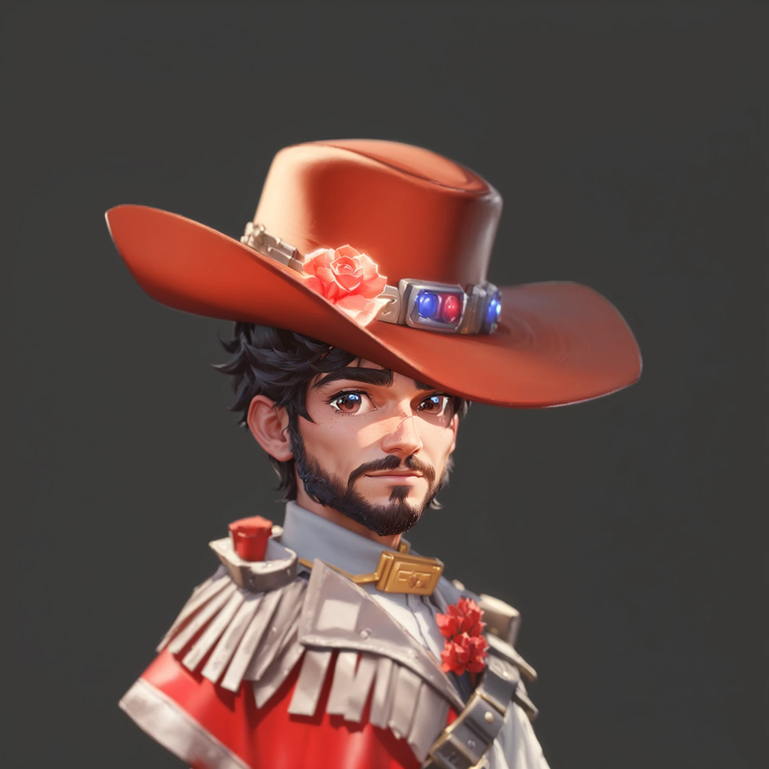 Wearing a cowboy hat、Cartoon character of man in red costume, very detailed character, Character with hat, 3D rendering style, Stylized game art, Meticulous portraits of people, Super detailed fantasy characters, Character art, Stylized 3D, Close-up characters, Stylized characters, stylized concept art, high detail iconic character, Stylized portrait, game character