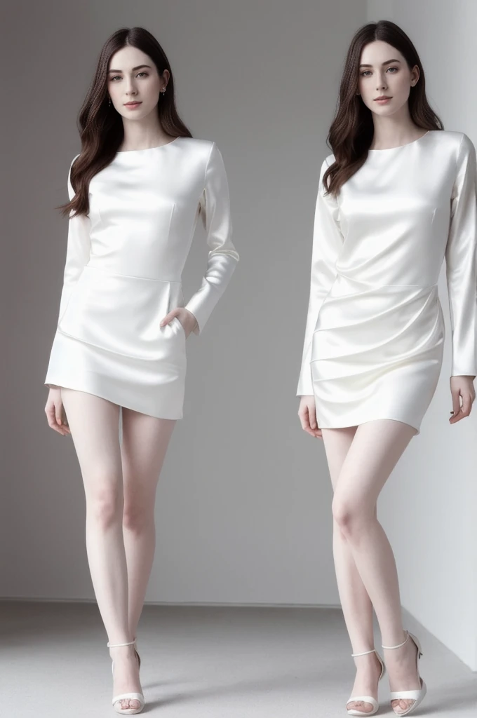 ((pale skin)),  ((pearl skin)), (((full body))), olsen01, ((look camera)), portrait of ((stunningly attractive)) a sexy woman ((perfect feminine face)), intricate, 8k, highly detailed, (extremely detailed CG unity 8k wallpaper),  ((square jaw)), (well defined jaw), (downturned lips), (detailed anatomy), RAW photo, ultra realistic, 1girl, Fashion model, Wearing a long sleeves wedding dress, satin fabric, full length view, pose Stand upright in white room with a minimalist design, featuring white walls and a clean, modern aesthetic.
