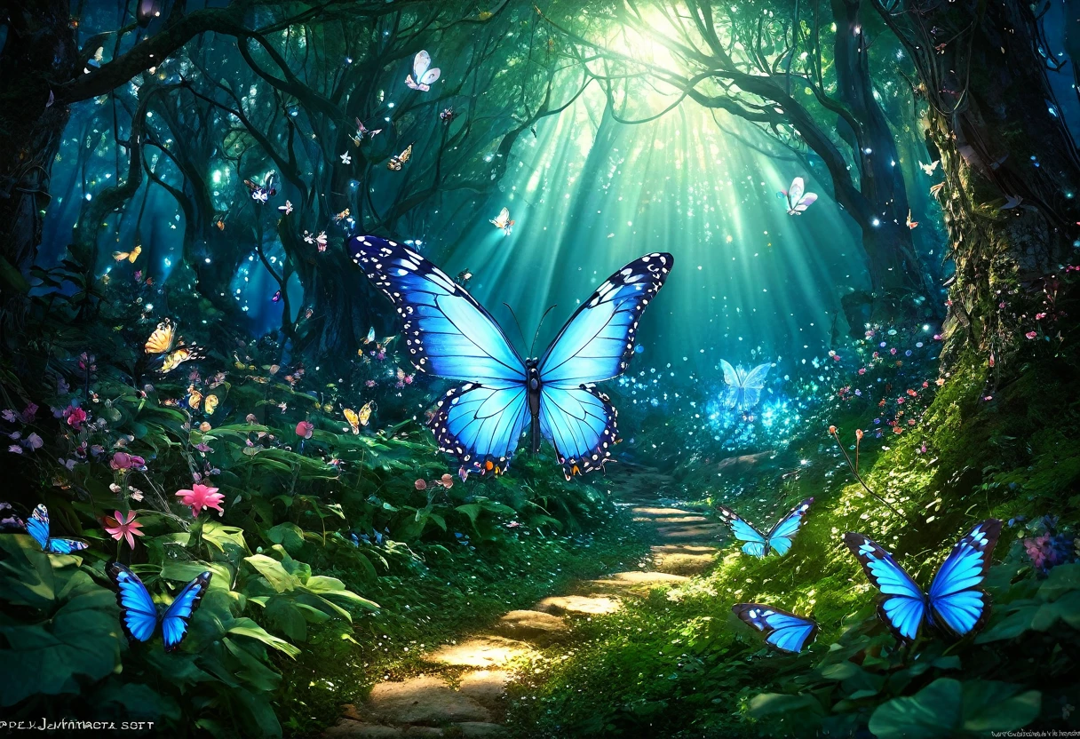 Large, shining flower、Butterflies and cute fairies in the forest、Photo by Jan J., pixiv Contest Winner, Fantasy art, magic Fairy Forest, in a Magical Forest, in the Magical Forest, Fairy-like atmosphere, Magical Forest, Magic Background, magical fantasy forest, Fairy Forest, Magical Forest backround, enchanted magical fantasy forest, Glowing Butterfly, Beautiful fairies, Magical Forest