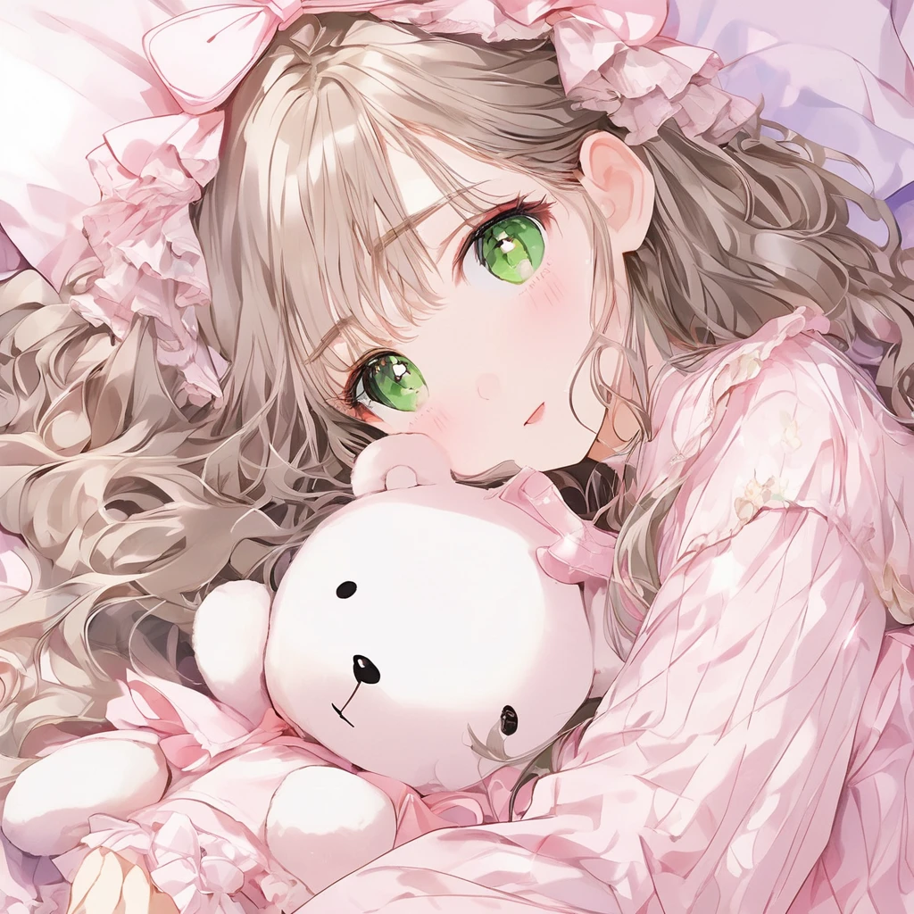 masterpiece, ultra detailed, 8K,  (Cute a girl:1.5), 
(masterpiece:1.3), anime visual,pale puple long hair,blunt bangs hair,green eyes, (Lovey-dovey:1.5), (tilt head:1.3), extremely delicate face, soft clean focus, realistic lighting and shading, (an extremely delicate and beautiful art:1.3), elegant, (muted colors:1.1), small breast,slim,Pink ribbed frill trim pajamas, a bed, a night light, a kind smile,Sleeping with a teddy bear,(night lit:1.5),