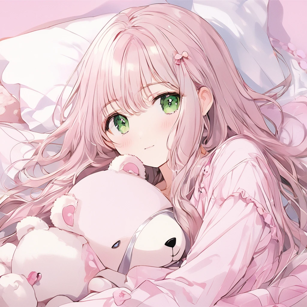 masterpiece, ultra detailed, 8K, (Cute a girl:1.5),
(masterpiece:1.3), anime visual,pale puple long hair,blunt bangs hair,green eyes, (Lovey-dovey:1.5), (tilt head:1.3), extremely delicate face, soft clean focus, realistic lighting and shading, (an extremely delicate and beautiful art:1.3), elegant, (muted colors:1.1), small breast,slim,Pink ribbed frill trim pajamas, a bed, a night light, a kind smile,Sleeping with a teddy bear,(night lit:1.5),