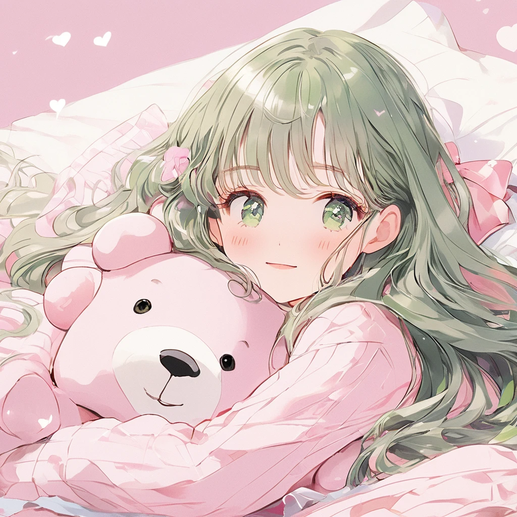 masterpiece, ultra detailed, 8K,  (Cute a girl:1.5), 
(masterpiece:1.3), anime visual,pale puple long hair,blunt bangs hair,green eyes, (Lovey-dovey:1.5), (tilt head:1.3), extremely delicate face, soft clean focus, realistic lighting and shading, (an extremely delicate and beautiful art:1.3), elegant, (muted colors:1.1), small ,slim,Pink ribbed frill trim pajamas, a bed, a night light, a kind smile,Sleeping with a teddy bear,(night lit:1.5),