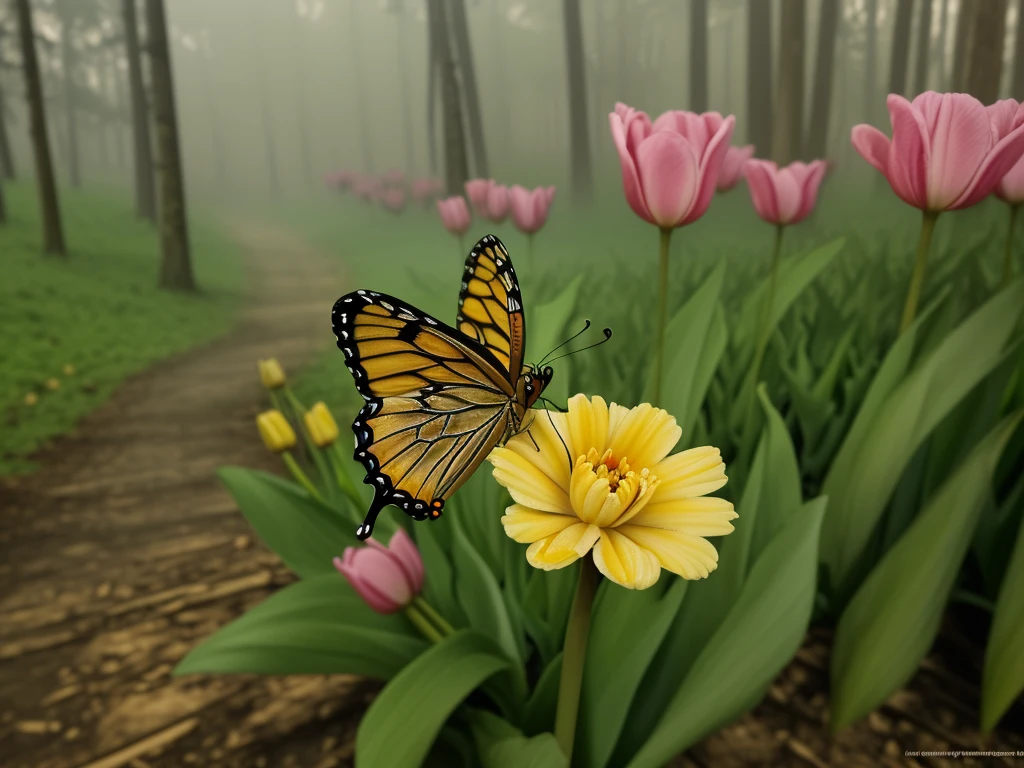 (Masterpiece, highest quality:1.2), a close up butterfly on a hill with a beautiful tulip flowers, butterfly on top of flower, suck the essence of flowers, fog and big tree background, in the forest, green wet leaves, direct sunset lighting, blur background, no people, highground, best quality, Dynamic Lighting, Artstation, full color ultra detail