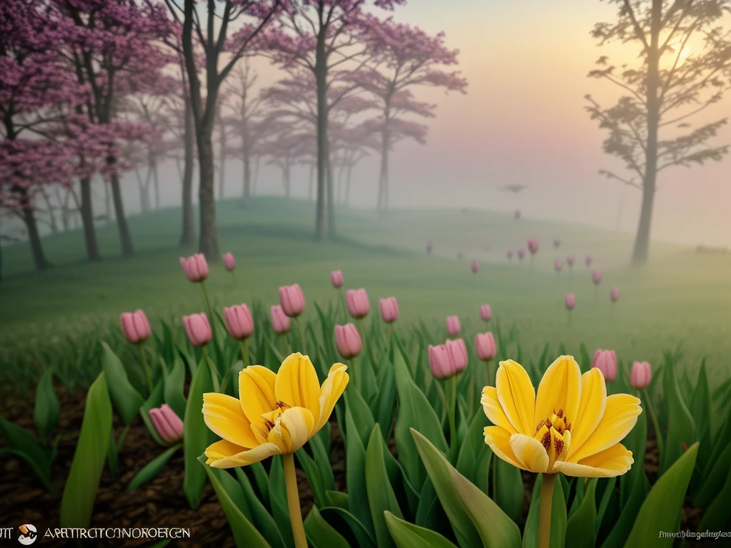 (Masterpiece, highest quality:1.2), a close up butterfly on a hill with a beautiful tulip flowers, butterfly on top of flower, suck the essence of flowers, fog and big tree background, in the forest, green wet leaves, direct sunset lighting, blur background, no people, highground, best quality, Dynamic Lighting, Artstation, full color ultra detail