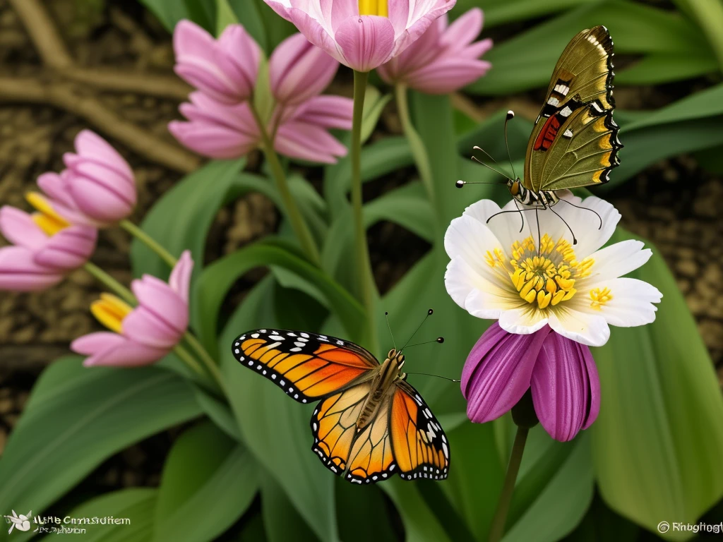 (Masterpiece, highest quality:1.2), a close up butterfly on a hill with a beautiful tulip flowers, butterfly on top of flower, suck the essence of flowers, fog and big tree background, in the forest, green wet leaves, direct sunset lighting, blur background, no people, highground, best quality, Dynamic Lighting, Artstation, full color ultra detail