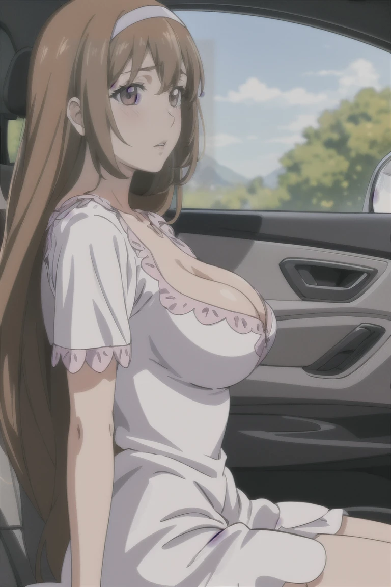 Ayumumo, One girl, alone, hair band, meanwhile, White Dress, Dress Lift, Sitting, blush, Lips parted, Cleavage, View your viewers, Inside the car, From the side  