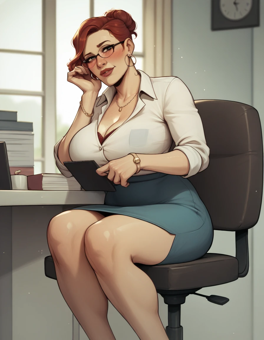 mature businesswoman sitting in office looking at viewer BREAK, score_9, score_8_up, score_7_up, score_6_up, score_5_up, score_4_up, red hair heavy brown reddish freckles blush adn thick hair pale skin