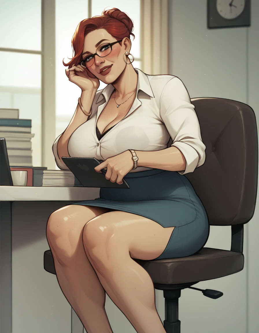 mature businesswoman sitting in office looking at viewer BREAK, score_9, score_8_up, score_7_up, score_6_up, score_5_up, score_4_up, red hair heavy brown reddish freckles blush adn thick hair pale skin