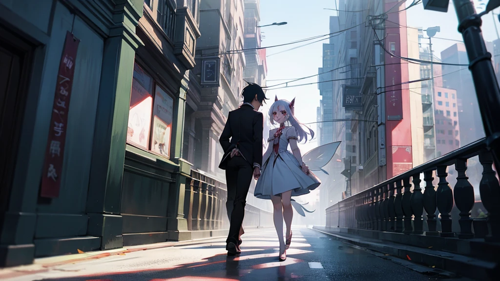 fairy and vampire walking trough the streets, anime style